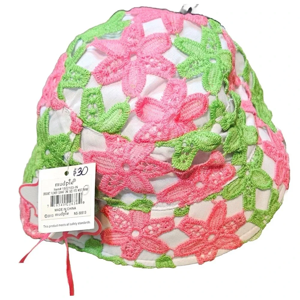 💜🩷Mud PiePink/green Floral‎ Embroidery Baby Girl Infant Hat One Size 💜🩷